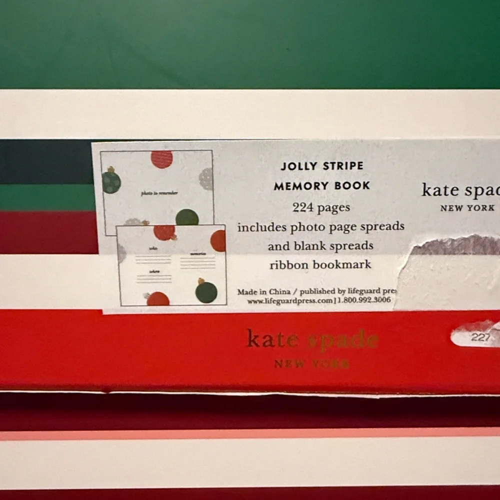 Kate Spade Jolly Stripe Memory Book with Red and Green with slide in case Gold